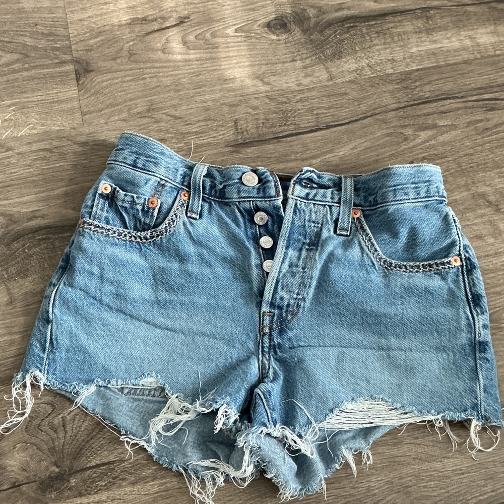 Levi's Medium Blue Distressed Button-Fly Jean Shorts